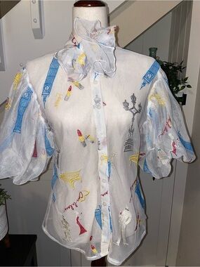 Impulsive Embroidered Sheer Tie Neck Blouse White Large Novelty Travel Paris L